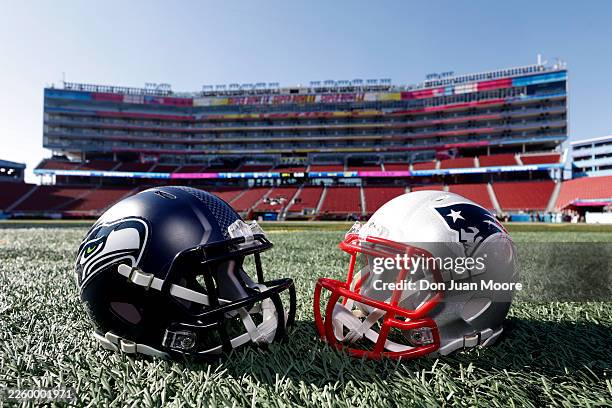 General view of the Seattle Seahawks helmet and New England Patriots helmet displayed in inside of the Levi's Stadium prior to Super Bowl LX on...