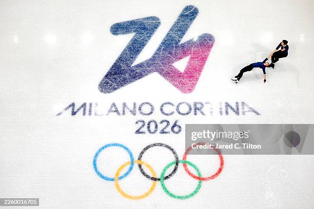 Rebecca Ghilardi and Filippo Ambrosini of Team Italy practice during a training session on day less than two of the Milano Cortina 2026 Winter...