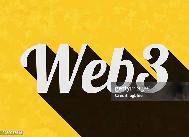web3 - text with long shadow on textured yellow background - retro computer font stock illustrations