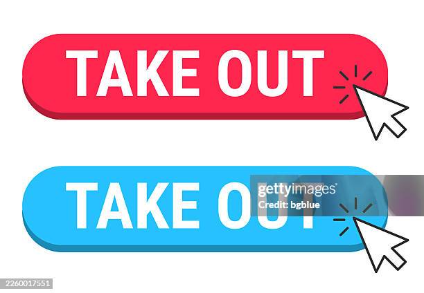 take out - red and blue buttons with cursor on white background - atm machine 3d stock illustrations