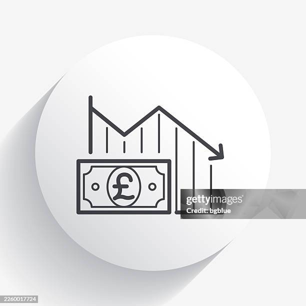 declining graph with pound banknote. icon on circle button with long shadow - pound notes falling stock illustrations