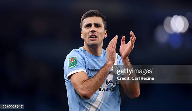 Rodri of Manchester City during the Carabao Cup Semi Final Second Leg match between Manchester City and Newcastle United at Etihad Stadium on...