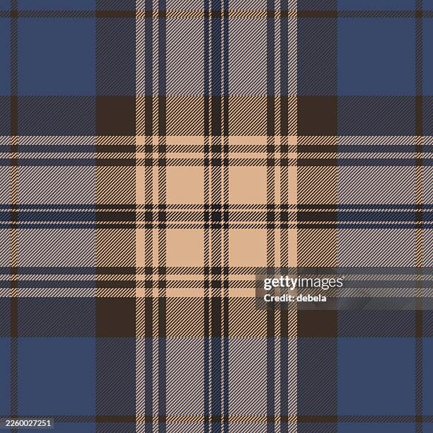 dark blue beige scottish tartan plaid pattern fabric swatch - tablecloth background stock illustrations