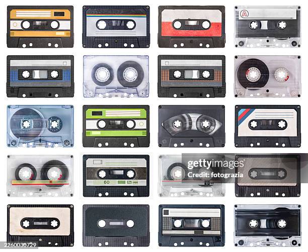 vintage audio cassette tape collection isolated on white background - 20th century stock pictures, royalty-free photos & images