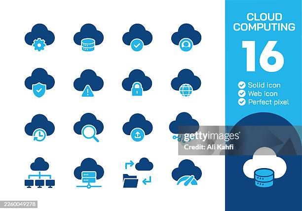 ilustraciones, imágenes clip art, dibujos animados e iconos de stock de colección de iconos sólidos de glifos en computación en la nube. ilustración vectorial. icono para diseño web, logo, app, plantilla, interfaz de usuario, infografía, etc - computación sin servidor