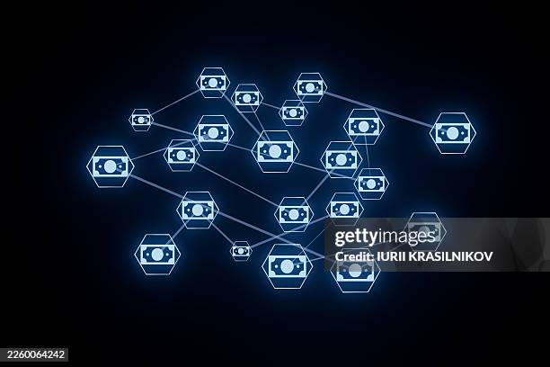 Digital connections form a network of currency icons in a dark space