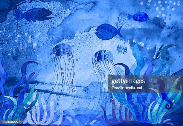 underwater ocean scene with jellyfish - acrylic painting stock illustrations