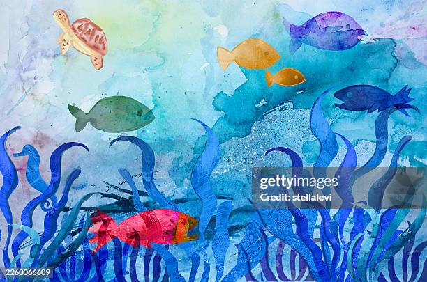 underwater scene- fish, plants, sea turtle, and seahorse. - acrylic painting stock illustrations