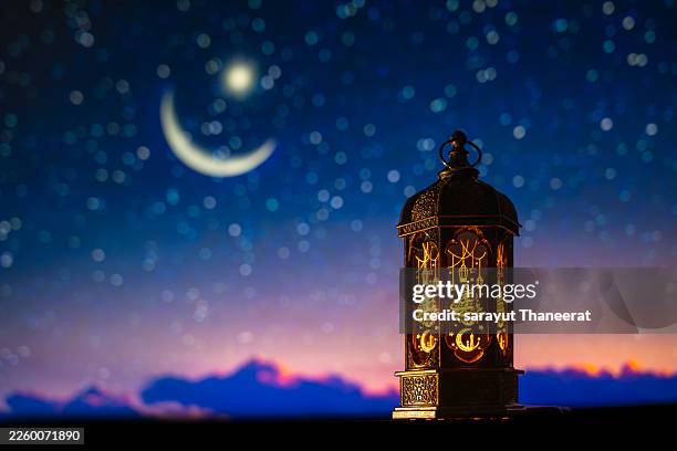 ramadan background. ramadan kareem concept beautiful arabic lantern with blur mosque and crescent moon background - ramadan stock pictures, royalty-free photos & images