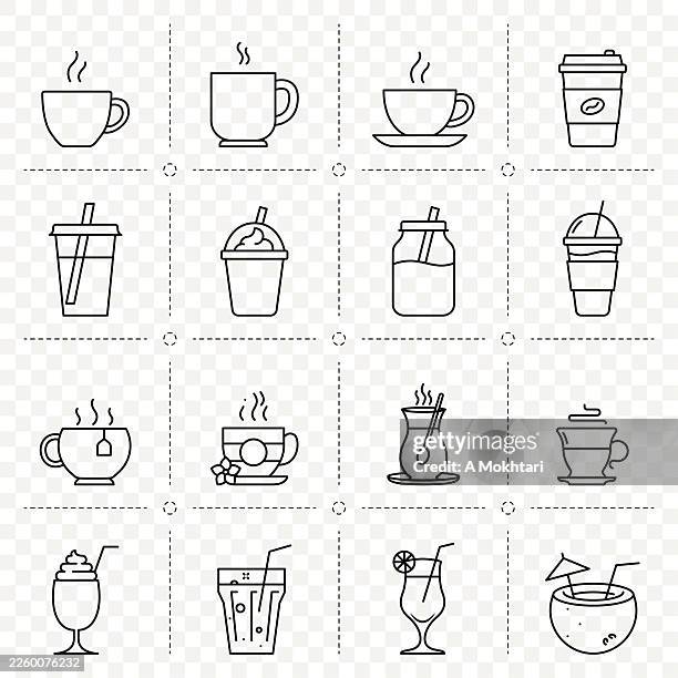 cups glasses drinks coffee tea icons. - cold coffee stock illustrations