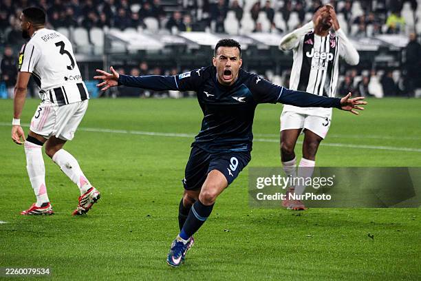 Lazio forward Pedro celebrates after scoring his goal to make it 0-1 during the Serie A football match number 24, Juventus vs Lazio, at the Allianz...