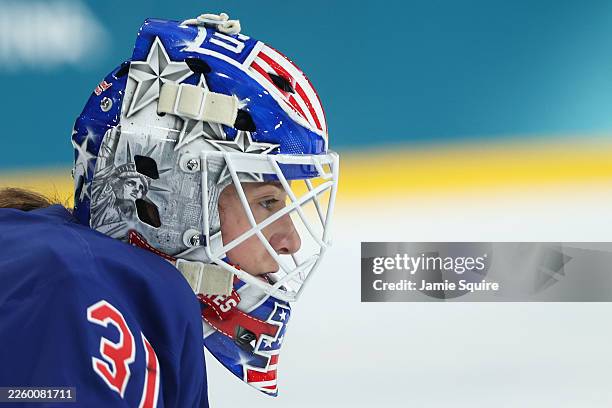 Aerin Frankel of Team United States looks on in net in the second period during the Women's Preliminary Round Group A match between the United States...