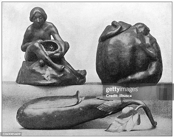 earthenware ink stand, tobacco jar and comfit box by f r carabin - chewing tobacco stock illustrations