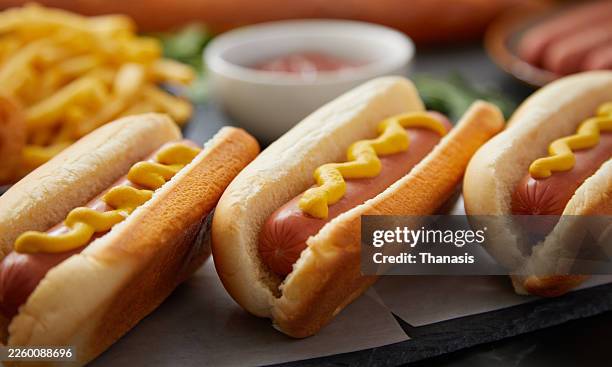 gourmet hot dog platter with mustard, fries, and ketchup - pão de leite imagens e fotografias de stock