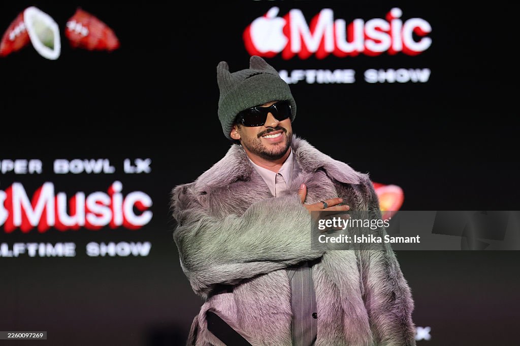 Lx The Rapper Bad Bunny is interviewed during the Super Bowl LX Pregame & Apple ...