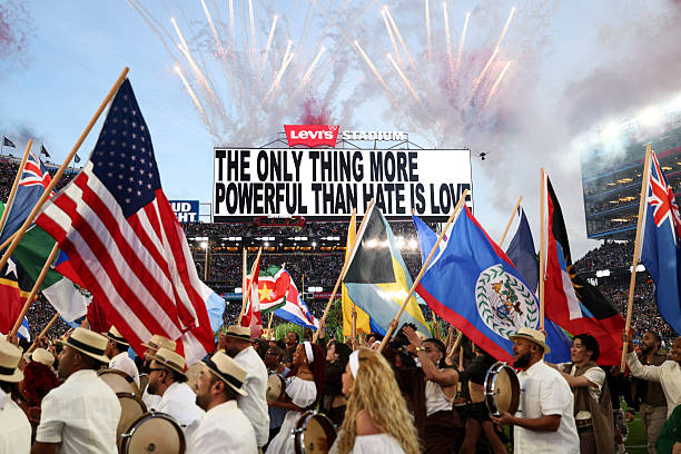 Bad Bunny performs in the Apple Music Halftime Show during the NFL Super Bowl 60 football game between the Seattle Seahawks and the New England...