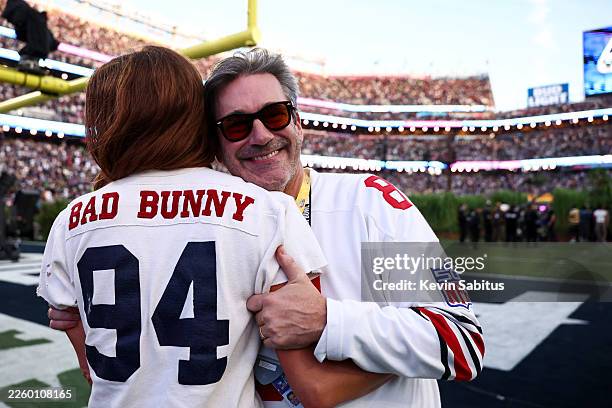 Jon Hamm on the sideline before Bad Bunny performs in the Apple Music Halftime Show during the NFL Super Bowl 60 football game between the Seattle...