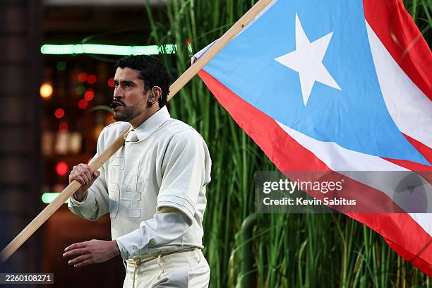 Bad Bunny performs in the Apple Music Halftime Show during the NFL Super Bowl 60 football game between the Seattle Seahawks and the New England...