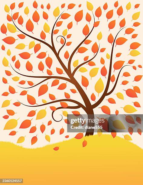 bent tree with leaves and a grassy hill with room for text - tree falling forest stock illustrations