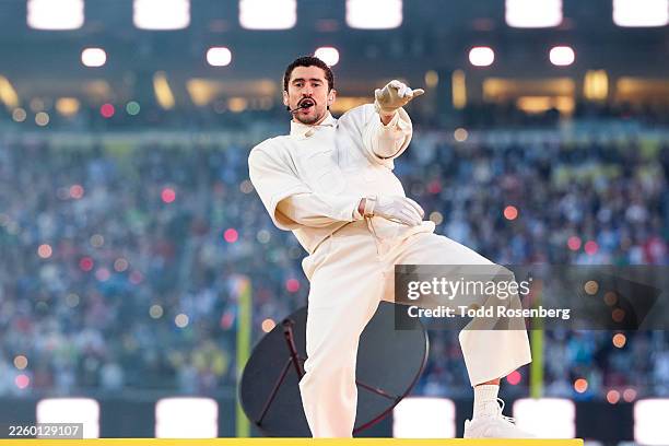 Musician Bad Bunny performs during the Apple Music halftime show at the NFL Super Bowl LX football game between the Seattle Seahawks and New England...