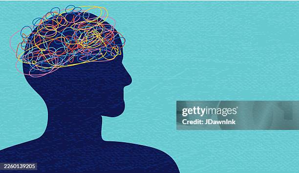 ilustraciones, imágenes clip art, dibujos animados e iconos de stock de concepto abstracto de trauma de salud mental con silueta humana con elementos de manejo de la salud garabatados, síntomas, problemas, ciencia, tratamiento - maltrato emocional