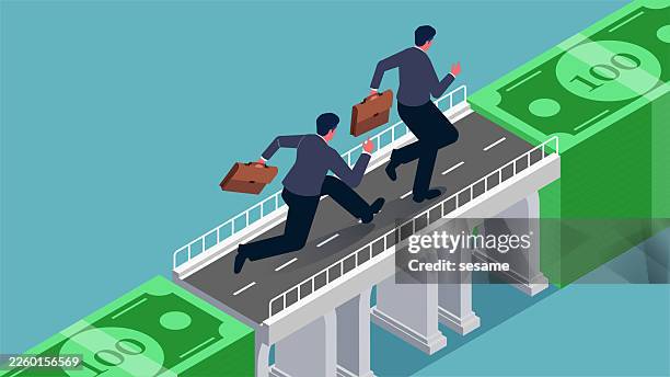 bridging the gap, bridges to success, solving financial problems or financial monetary support. isometric view of the bridge between stacks of banknotes helps businessmen to reach their goal - usability team stock illustrations