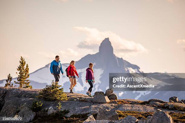 friends hike in alpine below glaciated mountain peak, whistler - mountain peak stock pictures, royalty-free photos & images