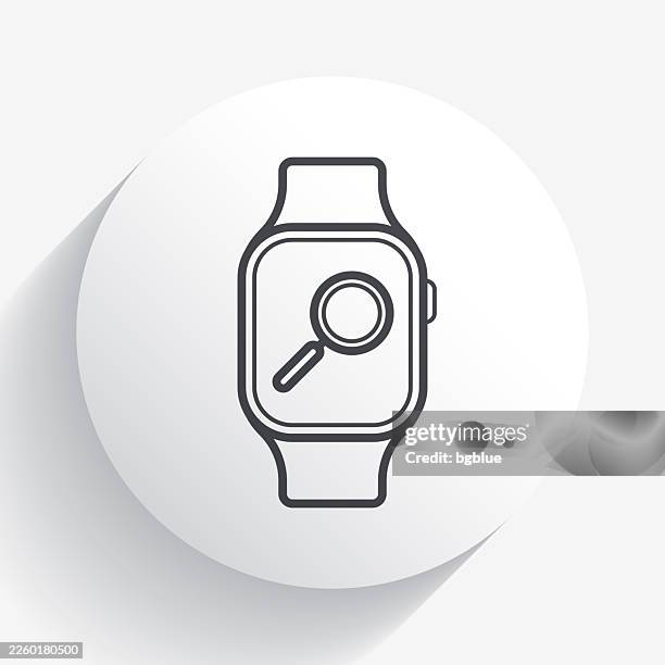stockillustraties, clipart, cartoons en iconen met magnifying glass on smartwatch. icon on circle button with long shadow - inzoomen
