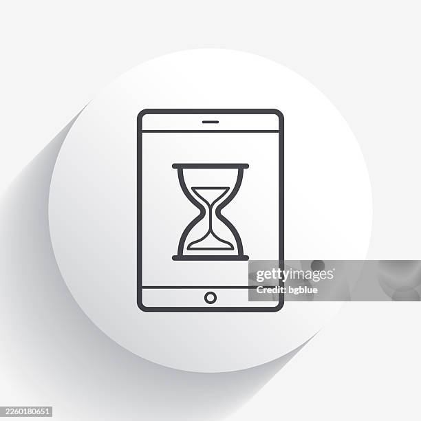 tablet pc with hourglass. icon on circle button with long shadow - timer icon 3d stock illustrations