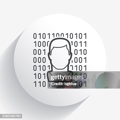 Male face with binary code. Icon on circle button with long shadow Male face with binary code. Icon on circle button with long shadow