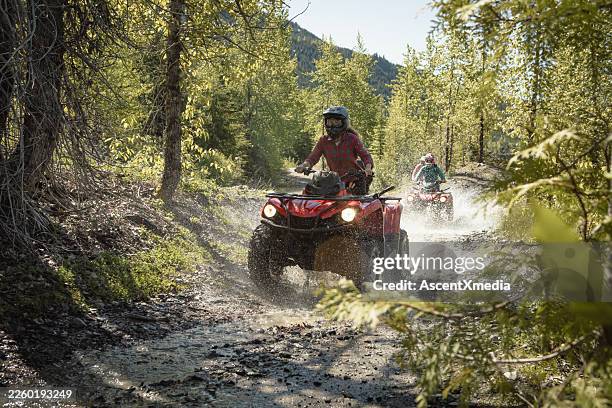 amigos conducen quads en el arroyo - vehículo de todo terreno fotografías e imágenes de stock