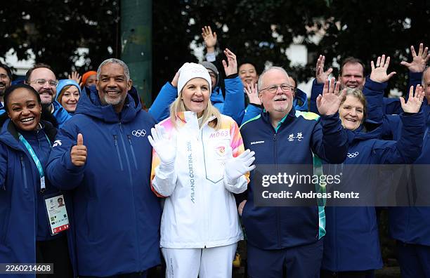 President Kirsty Coventry applauds alongside guests prior to the olympic torch hand over on February 06, 2026 in Milan, Italy.