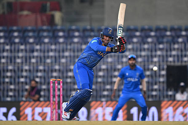 Muhammad Zohaib of United Arab Emirates bats during a warm up match between Italy and United Arab Emirates prior to the ICC Men's T20 World Cup India...