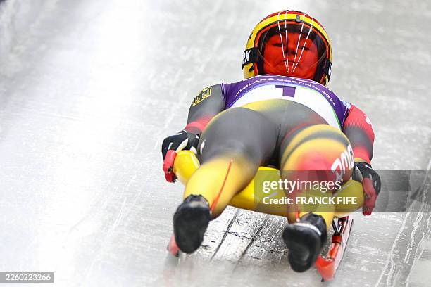 Germany's Julia Taubitz competes in the luge women's singles run 1 at Cortina Sliding Centre during the Milano Cortina 2026 Winter Olympic Games in...