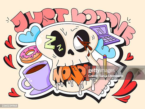 illustrazioni stock, clip art, cartoni animati e icone di tendenza di teschio a cartone animato con portatile a ciambella al caffè e illustrazione di testo del lunedì - lunedì