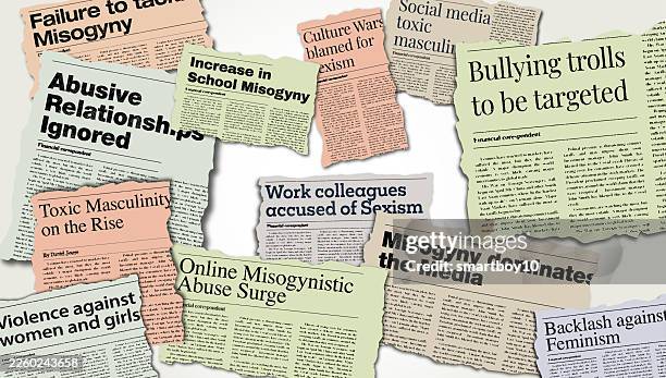 misogyny themed newspaper headlines - headlines collage stock illustrations