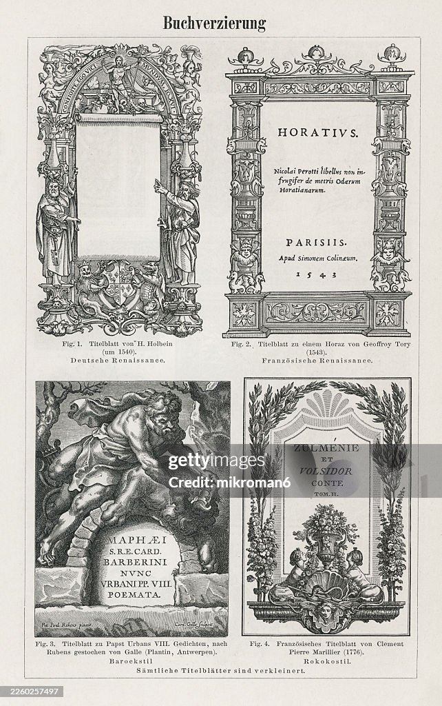 Old engraved illustration of examples of four historical book title pages from different eras