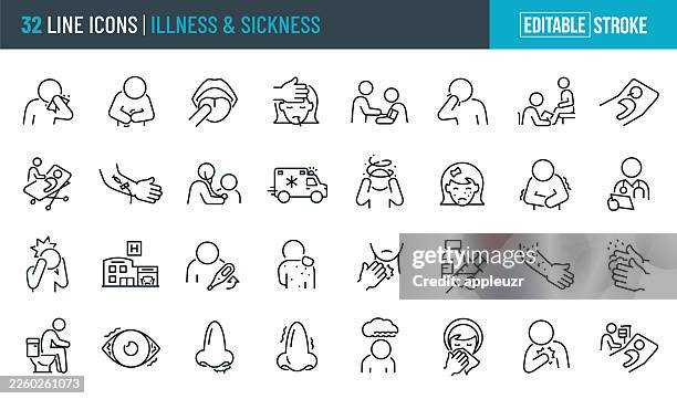 krankheit und krankheit – dünne linien-symbole – editierbarer schlaganfall - symptom stock-grafiken, -clipart, -cartoons und -symbole