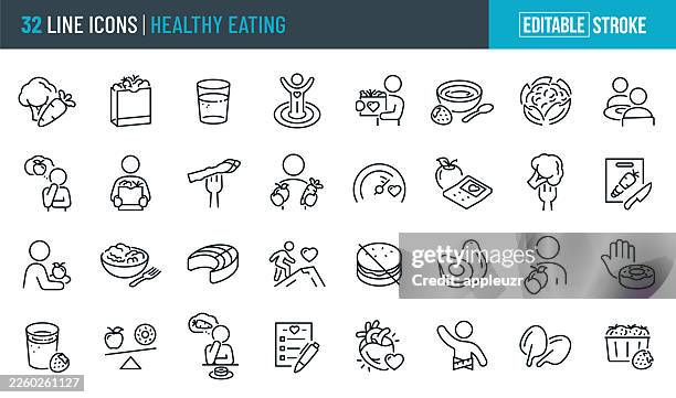 gesundes essen dünne linie icons - editierbare schlaganfall - ernährungsberater stock-grafiken, -clipart, -cartoons und -symbole