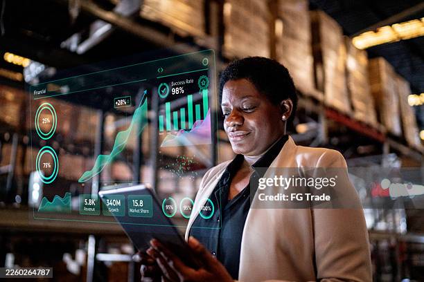 warehouse worker visualizing smart infos with augmented reality technology concept - user experience research stock pictures, royalty-free photos & images