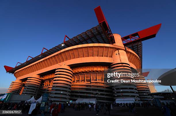 General view of the outside of San Siro Stadium during the opening ceremony of the Milano Cortina 2026 Winter Olympics at San Siro Stadium on...