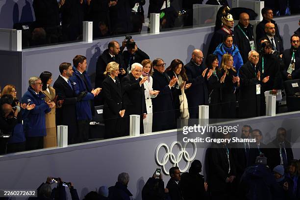 Sergio Mattarella, President of Italy, acknowledges the crowd during the opening ceremony of the Milano Cortina 2026 Winter Olympics at San Siro...