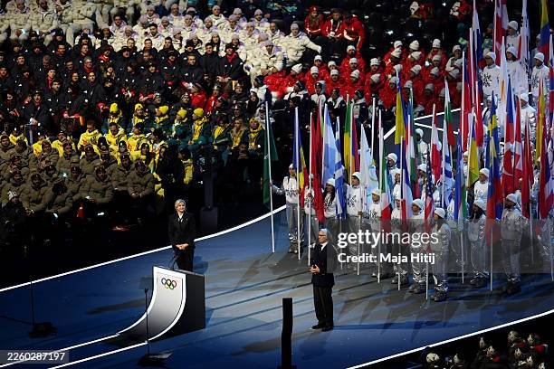 Giovanni Malago, President of Milano Cortina 2026 Organizing Committee, stands alongside Kirsty Coventry, President of the IOC, during the opening...