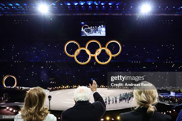 General view of the Olympic rings from behind Laura Mattarella, First Lady of Italy, Sergio Mattarella, President of Italy, and Kirsty Coventry,...
