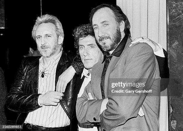 Portrait of, from left, British Rock musicians John Entwistle , Roger Daltrey, and Pete Townshend, all of the group the Who, at Radio City Music...