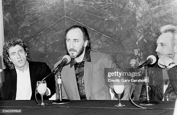 View of, from left, British Rock musicians Roger Daltrey, Pete Townshend, and John Entwistle , all of the group the Who, during a press conference at...