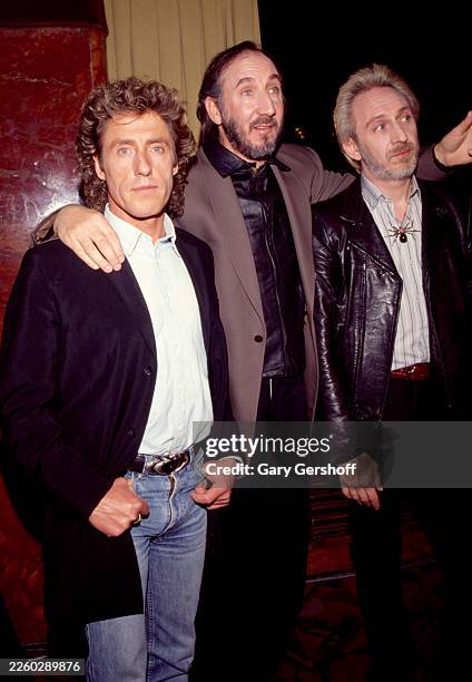 Portrait of, from left, British Rock musicians Roger Daltrey, Pete Townshend, and John Entwistle , all of the group the Who, at Radio City Music...