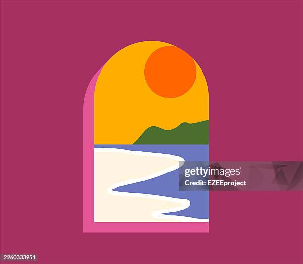 modern arch window view design. vibrant retro style landscape. flat design coastal scenery art. simplified outdoor view illustration - sunrise window stock illustrations