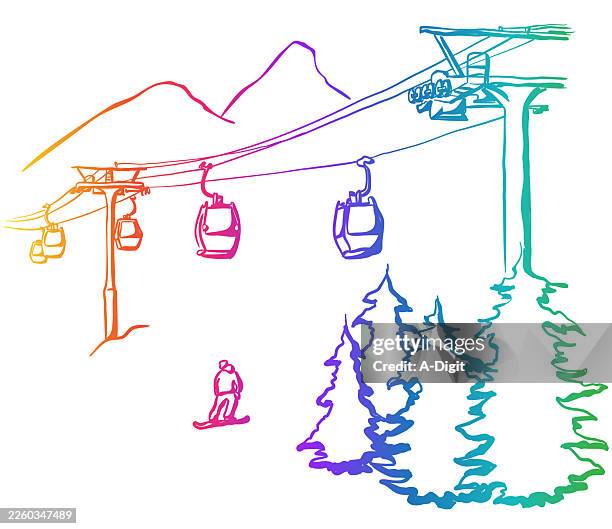 ski hill & gondola rainbow - pine tree top view stock illustrations