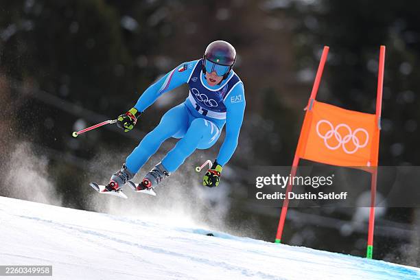 Giovanni Franzoni of Team Italy skis during the Men's Downhill on day one of the Milano Cortina 2026 Winter Olympics at Stelvio Alpine Skiing Centre...